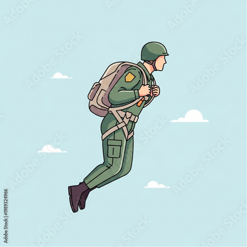 Soldier in Mid Air with Backpack.