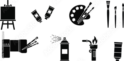 Artist painting supply equipment silhouette icon set