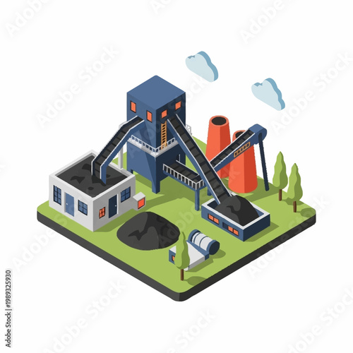 Industrial coal mining facility with conveyor belts and silos.