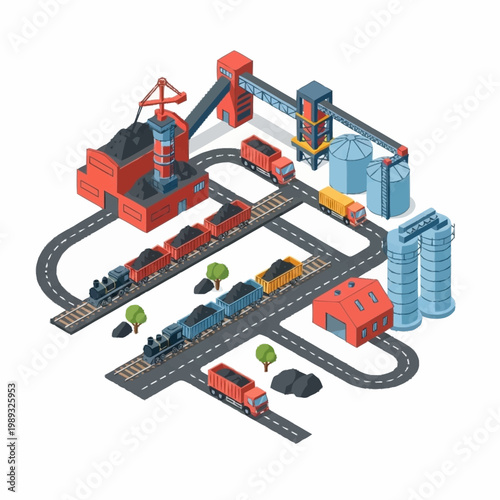 Industrial coal mining and transportation complex with trains.