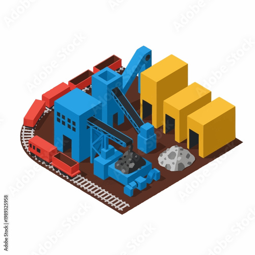 Industrial coal mining facility with train and crane.