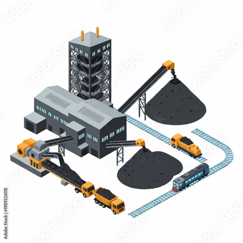 Industrial coal processing plant with trains and conveyor belts.