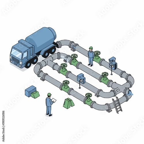 Industrial construction site with workers and cement truck.