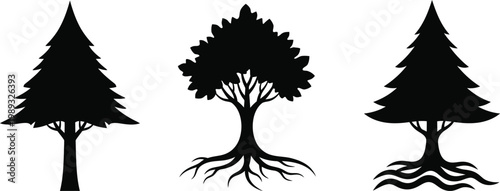 Forest tree pine and oak silhouette collection