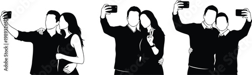 Group of people taking selfies in various poses with smartphones Vector