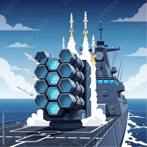 Warship Launching Missiles into the Ocean.