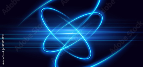 Futuristic glowing blue curve ray with square pattern on dark blue background.