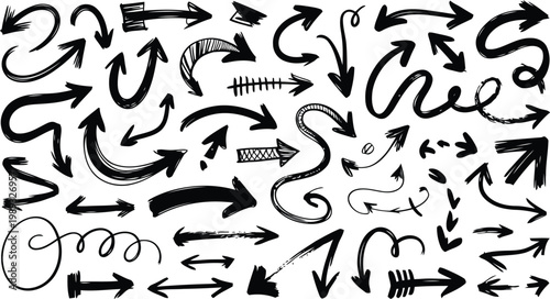 Varied styles of hand-drawn arrows and directional symbols in black and white Vector