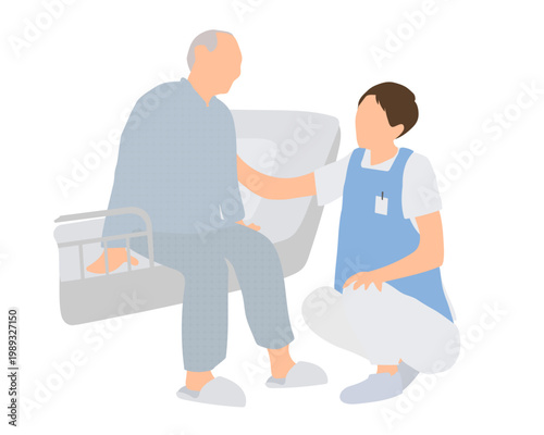 ベッドで過ごす高齢男性の介護シーン／看護・介護士・入院生活