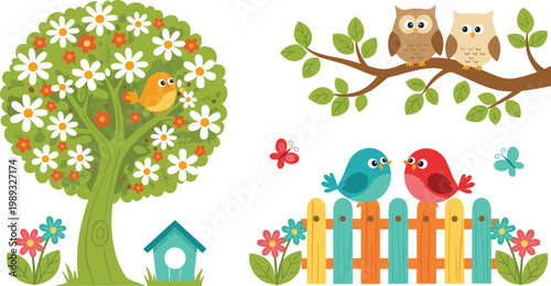 Colorful and whimsical nature illustration featuring birds owls flowers and picket fence for nursery decor and spring concept vector.