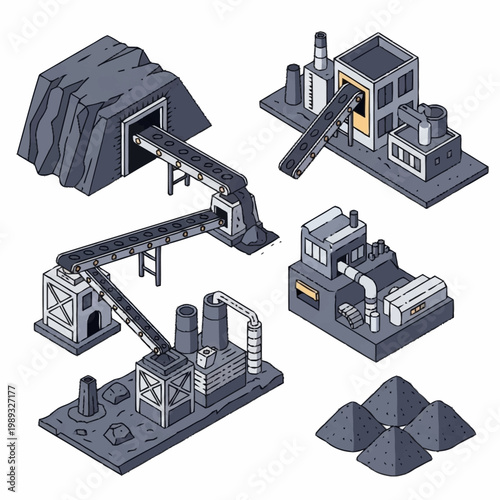 Industrial mining and processing plant isometric illustration.