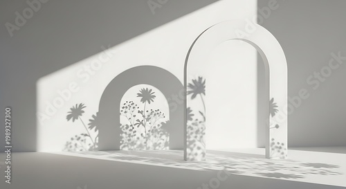 Elegant minimalist architectural arches bathed in soft natural light, casting intricate floral shadows creating a captivating, serene visual display for modern design