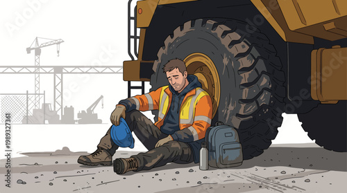 Construction worker taking a break sitting under a large truck.