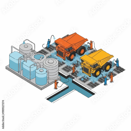 Industrial mining site with large dump trucks and processing tanks.
