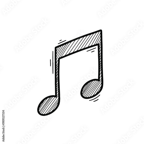 Hand-drawn musical note sketch in black and white, minimalist line art symbolizing melody and rhythm.