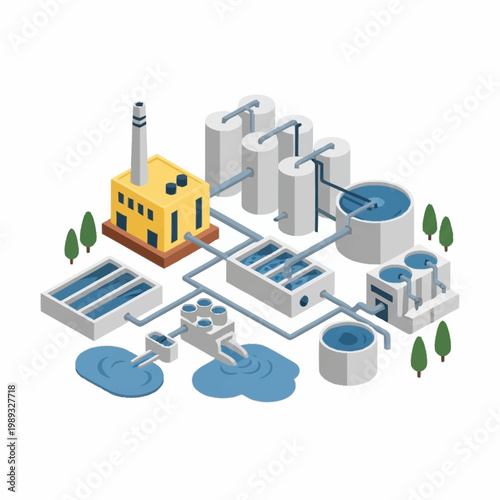 Industrial water treatment plant isometric illustration.