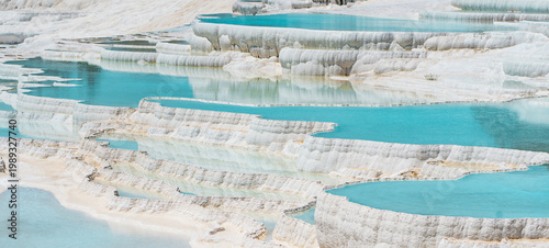 Pamukkale Travertines Drone Photo, An aerial view of the Pamukkale Travertines. Pamukkale Denizli, Turkiye (Turkey)