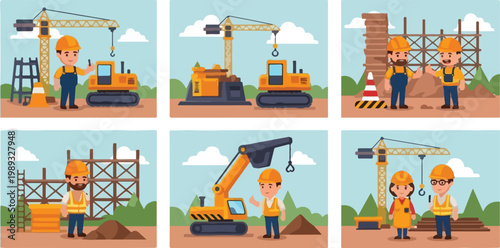 Construction site illustrations a series of building and crane operations