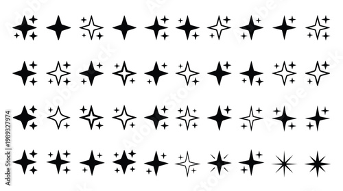 Stars set icons, different sparkle star shapes icon collection, shine stars sparkles signs, bling decoration