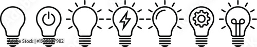 Light bulb icon set, innovation and solution symbols, visualization creative thinking, process generating idea