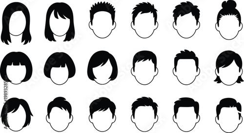 Collection of diverse hairstyle silhouettes in black and white line art Vector