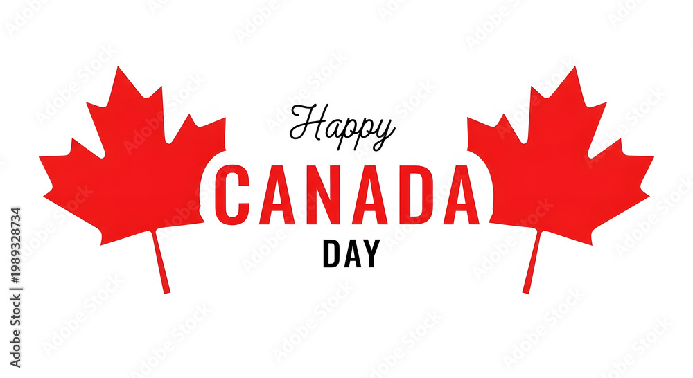 Obraz premium Red maple leaves flank Happy Canada Day text on white background leaf 1