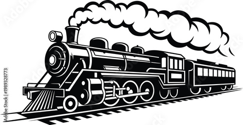 Classic steam locomotive traveling on vintage railway tracks with billowing smoke. Vector