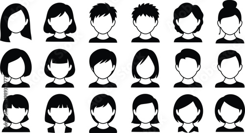 Collection of diverse black and white line-drawn human silhouettes with varied hairstyles Vector