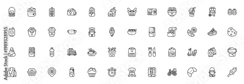 Take away food icon set. Vector illustration includes delivery, burger, pizza, coffee, taco, salad, fast food, truck, bike and more. Editable stroke.
