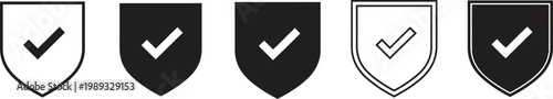 Five shield icons with checkmarks and security symbols in black and white