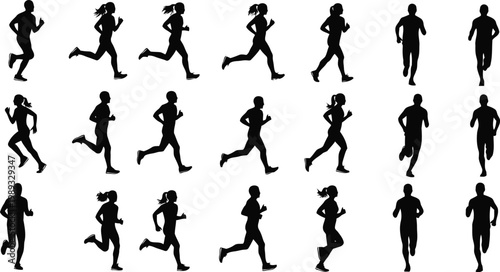 Diverse silhouettes of runners in various dynamic running postures Vector