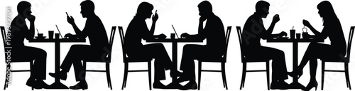 People engrossed in their devices at outdoor dining tables Vector