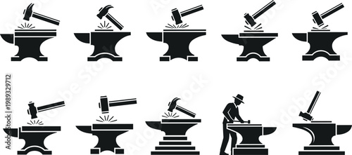 Blacksmith and Forging Icon Set Featuring Hammer, Anvil, and Metalworking Tools for Craftsmanship and Industrial Design