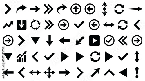 Collection of black and white directional and symbolic icons
