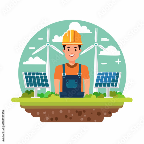 A friendly worker in a hard hat stands beside solar panels and wind turbines, promoting green energy initiatives