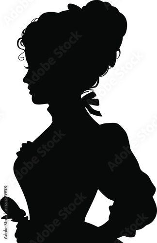 Black silhouette of a woman with an elaborate updo and a fan