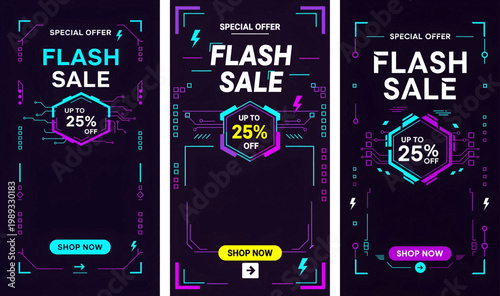 A flash sale advertisement with 25 percent discount offers displayed on three mobile phone screens in a row with colorful neon lights.