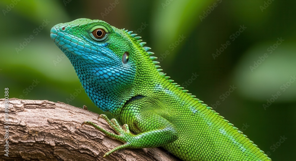 Obraz premium Vibrant green lizard with blue throat patch on tree branch