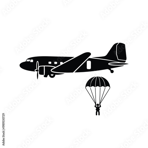 Parachutist Jumps From Airplane Silhouette.