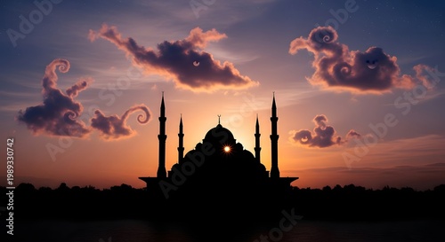Mosque silhouette against beautiful sunset sky