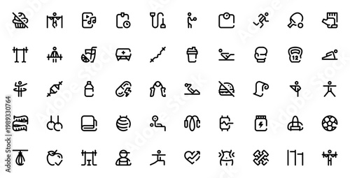 Gym icon set. Fitness vector icons pack. Includes symbols for yoga, boxing, weightlifting, cardio, nutrition and more. Editable stroke.