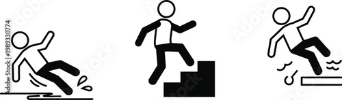 Set of Stick Figure Illustrations Showing Slipping, Climbing Stairs, and Falling for Safety, Health, and Hazard Awareness Design Projects