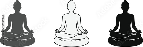 Set of Buddha Meditation Silhouettes in Black, White, and Gray for Yoga, Spirituality, and Mindfulness Design Projects