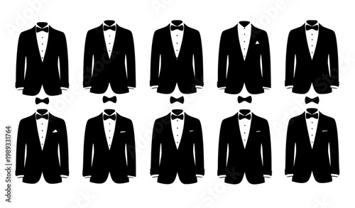 Elegant tuxedo silhouettes with bow ties in grid layout for luxury wedding and formal event design