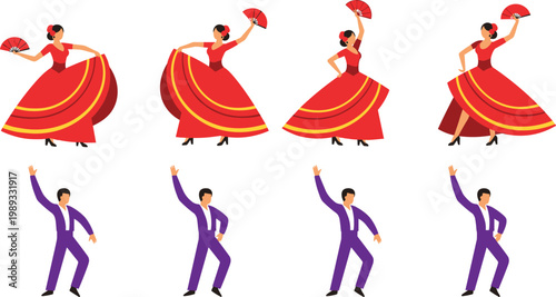 Flamenco Dance Icon Set Featuring Traditional Spanish Dancers with Fans for Culture, Performance, and Dance Designs