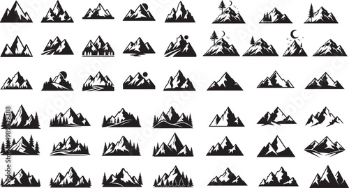Set of mountain icons in vector style with warning and safety symbols for design use