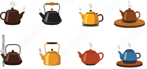 Teapot and Kettle Icon Set Featuring Various Tea and Coffee Pots for Beverage, Kitchen, and Culinary Designs