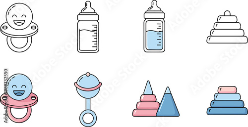 Baby Care Icon Set Featuring Pacifier, Baby Bottle, Rattle, and Stacking Toys for Infant, Childcare, and Nursery Designs