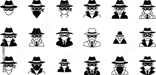 Spy Icon Set Featuring Masked Figures with Hats and Sunglasses for Secret Agent, Detective, and Stealth Designs