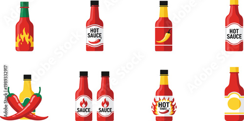 Hot Sauce Icon Set Featuring Bottles, Peppers, and Spicy Condiments for Food, Flavor, and Culinary Designs